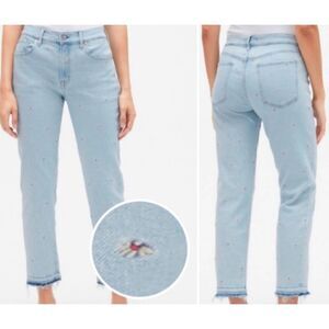 GAP Jeans Women's 14 Blue Light High Rise Girlfriend Raw Hem Embroidered Daisy